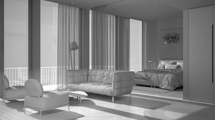 Total white project draft, one-room apartment, interior design, parquet, open space: living room with sofa, armchairs, bedroom with bed and blanket. Panoramic windows with curtains