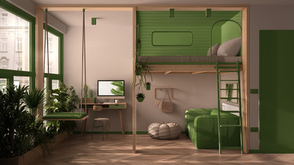 Minimalist studio apartment with loft bunk double bed, mezzanine, swing. Living room with sofa, home workplace, desk, computer. Windows with plants, white and green interior design - obrazy, fototapety, plakaty