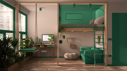 Minimalist studio apartment with loft bunk double bed, mezzanine, swing. Living room with sofa, home workplace, desk, computer. Windows with plants, white, turquoise interior design
