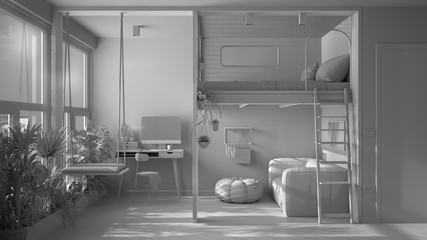 Total white project draft, minimalist studio apartment with loft bunk double bed, swing. Living room with sofa, home workplace with desk. Windows with potted plants, interior design