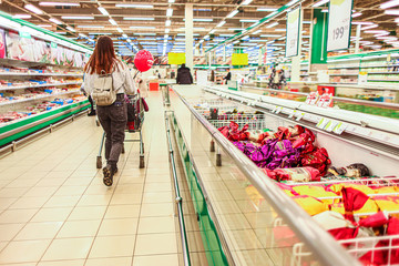 Naklejka premium Shopping at the supermarket. A girl in a store with a trolley walks among refrigerators and shelves with groceries