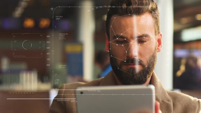 Future. Face Detection. Technological 3d Scanning. Biometric Facial Recognition. Face Id. Technological Scanning of the Face of Handsome Businessman for Facial Recognition. Shoted by Arri Alexa Mini