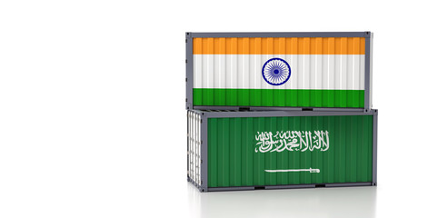 Freight container with Saudi Arabia and India national flag. 3D Rendering