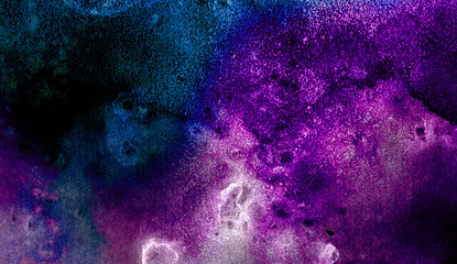 Neon watercolor on black paper background. Vivid ink textured blue, pink and purple color canvas for modern design. Aquarelle smeared abstract cosmic bright vintage dark watercolour illustration.