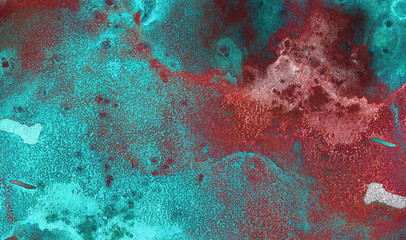 Neon watercolor on black paper background. Vivid ink textured blue, pink and purple color canvas for modern design. Aquarelle smeared abstract cosmic bright vintage dark watercolour illustration.