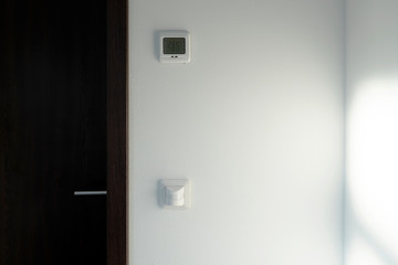 Smart home system. The room has a motion sensor to turn on the light. There is a climate control of...