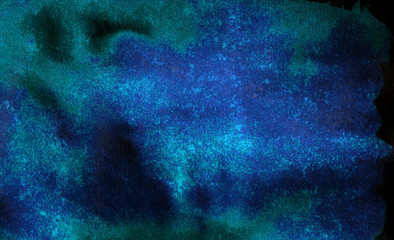 Fototapeta na wymiar Dark blue neon watercolor on black paper illustration. Lightning night sky and thunder background. Modern aquarelle painted ink canvas, cosmic card template for design
