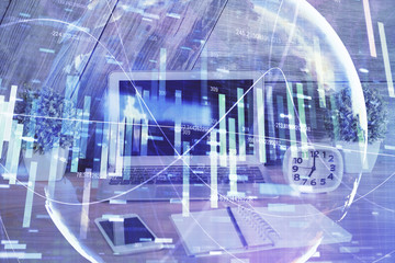 Fototapeta na wymiar Multi exposure of business theme icons and work space with computer background. Concept of success.