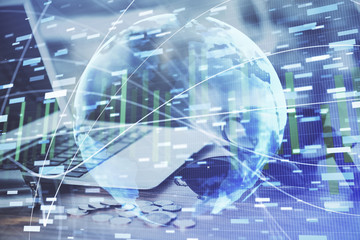 Multi exposure of business theme icons and work space with computer background. Concept of success.