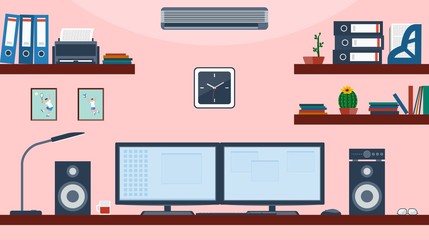 Workspace for business. Creative office space vector with display on the table - workspace layout template.