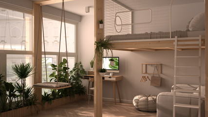 Minimalist studio apartment with loft bunk double bed, mezzanine, swing. Living room with sofa, home workplace, desk, computer. Windows with potted plants, white interior design - obrazy, fototapety, plakaty