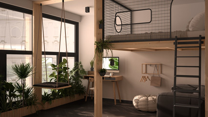 Minimalist studio apartment with loft bunk double bed, mezzanine, swing. Living room with sofa, home workplace, desk, computer. Windows with plants, white and gray interior design