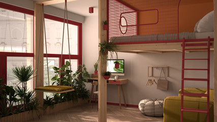Minimalist studio apartment with loft bunk double bed, mezzanine, swing. Living room with sofa, home workplace, desk, computer. Windows with plants, colored interior design