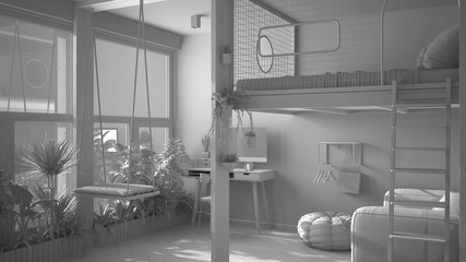 Total white project draft, minimalist studio apartment with loft bunk double bed, swing. Living room with sofa, home workplace with desk. Windows with potted plants, interior design