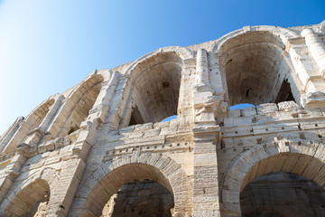 Close up of Arles Roman Ampitheatre in Provence, France