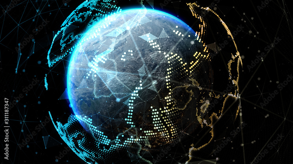 Wall mural connection lines around earth globe. some elements of the image provided by nasa. 3d illustration gl