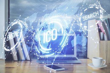 Double exposure of blockchain theme hologram and table with computer background. Concept of bitcoin...