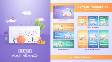 Content marketing material set. Investment and save concept. Save your future, create a brilliant future. Including Landing page, Social media post and story, Web banner. Vector illustration