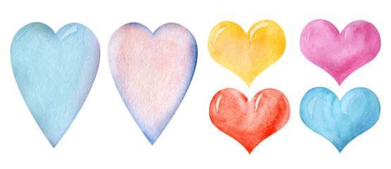 Obraz premium Set of decorative elements. Theme of Valentine's Day. Multi-colored hearts. Background frame for text. Pink, blue, red, orange. Scrapbooking pictures. Hand-drawn watercolor illustration