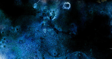 Dark blue neon watercolor on black paper illustration. Lightning night sky and thunder background. Modern aquarelle painted ink canvas, cosmic card template for design