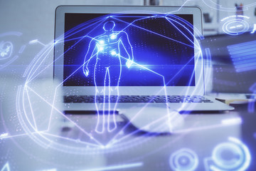 Desktop computer background and education theme drawing. Double exposure. Study concept.