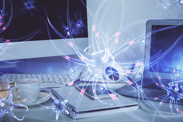 Desktop computer background and neuron drawing. Double exposure. Education concept.