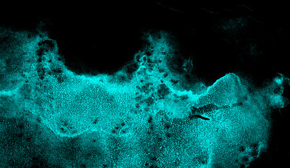 Dark blue neon watercolor on black paper illustration. Lightning night sky and thunder background. Modern aquarelle painted ink canvas, cosmic card template for design