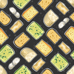 Vector Cheese Seamless Pattern, square repeat seamless ornament with cut out illustrations of fresh assorted cheese, food pattern for wrapping paper of farm grocery store on dark abstract background.