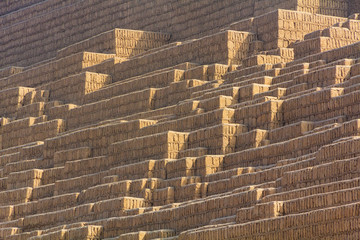 Huaca Pucllana, is a nearly 2000-year-old clay & adobe stepped pyramid from the Lima Culture, photographed in Miraflores, Lima, Peru in the summer.