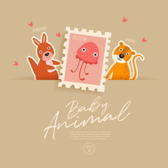 Postage stamp isolated on brown paper background with cute baby animals : Vector Illustration