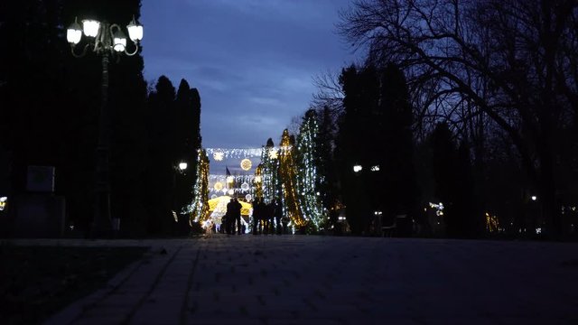 Christmas lights and tourists taking pictures