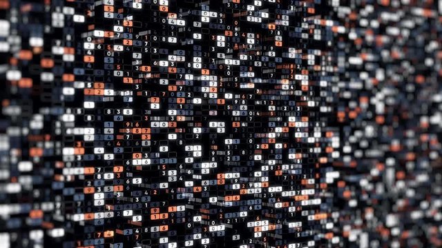 Background of many numbers. Animation. Coding of digital space with changing numbers vertically. Matrix multi-colored digital space