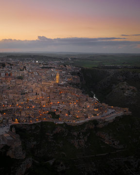 Mattera city in Italy at sunset from drone