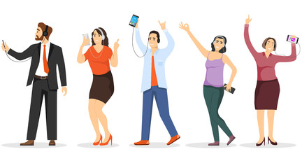 People with smartphones in their hands listen to music on headphones. Mini characters of people with smartphones in their hands listen to music and rejoice. Vector illustration