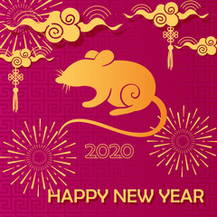 Mouse year greeting card flat vector template. Eastern New Year symbol on pink background. Golden mouse silhouette with stylized oriental ornaments. Happy 2020 wish. Winter holiday postcard design.