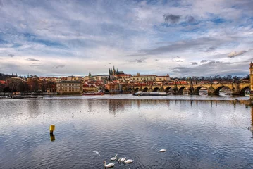 Deurstickers historical part of prague with castle and cathedral and charles bridge beautifully lit by sunset, czech prague © Martin