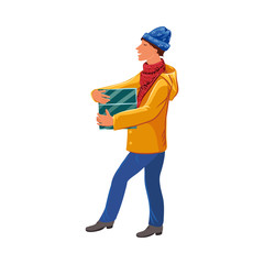 Man carrying holiday gift box in hands vector illustration