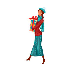 Young smiling woman carrying gift box for holiday vector illustration