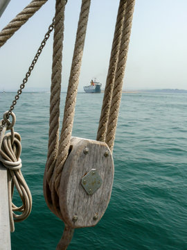 Detail of pulley and hoist of a schooner