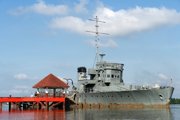 Fototapeta premium Battleship made of unused steel at tourist attractions in the area Shrine of king Taksin at Wat Mai, Mueang Chanthaburi District, Chanthaburi Thailand.