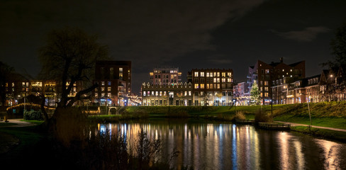 Modern centre of the town of Waddinxveen, Netherlands at night