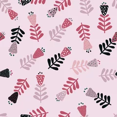 Fototapeten Seamless vector flowers pattern on pink background © scifilullaby