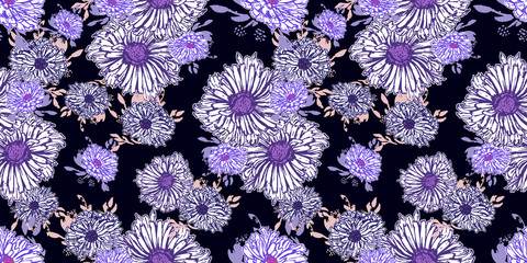 Romantic beautiful linear flowers of daisies, chrysanthemums. Print wrapping monochrome. Organic vector pattern background.