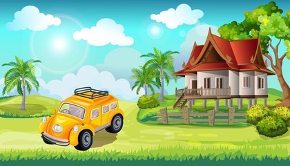 Fototapeta na wymiar Cartoon landscap.Panorama view of local landscape with green meadow, tree with house and yellow car