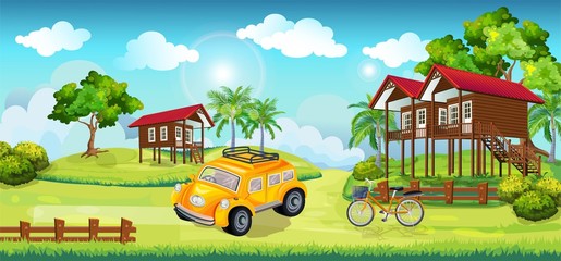 Cartoon landscap.Panorama view of local landscape with green meadow, tree with house , car and bicycle