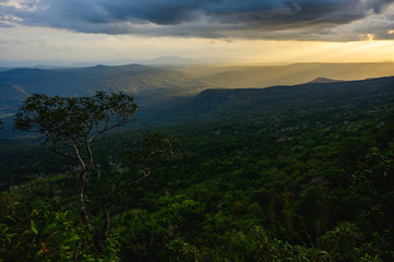 Sunset at Loei Province, Phu Kradueng National Park Thailand. Landscape view from mountain.