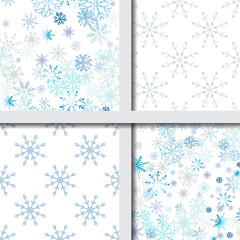 Set  celebrate freezing snowflakes background. Christmas print fabric wonderful wrapping surface pattern design. Blue snowflakes on light background.