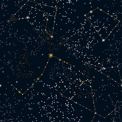 Seamless pattern with shining stars and constellations. Space print. Abstract Hand drawn background. Starry sky template for backdrops, banners, prints, posters, covers... Vector illustration.