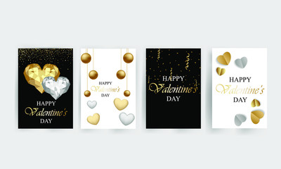 Valentine's Day posters with hanging golden and silver 3d balls and hearts. Vector illustration. Black and gold geometric ornaments