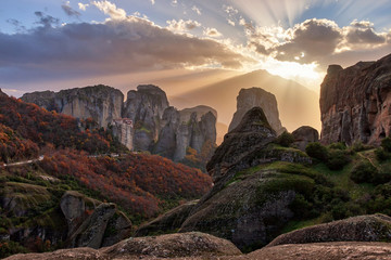 Sunset over Meteora monasteries in Greece.